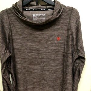 Women’s hooded  long sleeve workout shirt in brown.